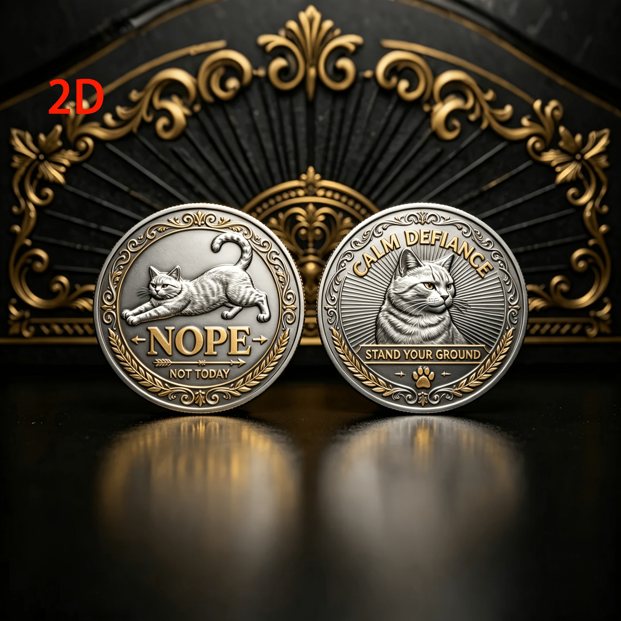 TEMU 1pc, 2d Metal Commemorative Coin / Cat Theme Coin / Double-sided Design "nope Not Today" Lazy Stretching Kitten And "calm Defiance " Domineering