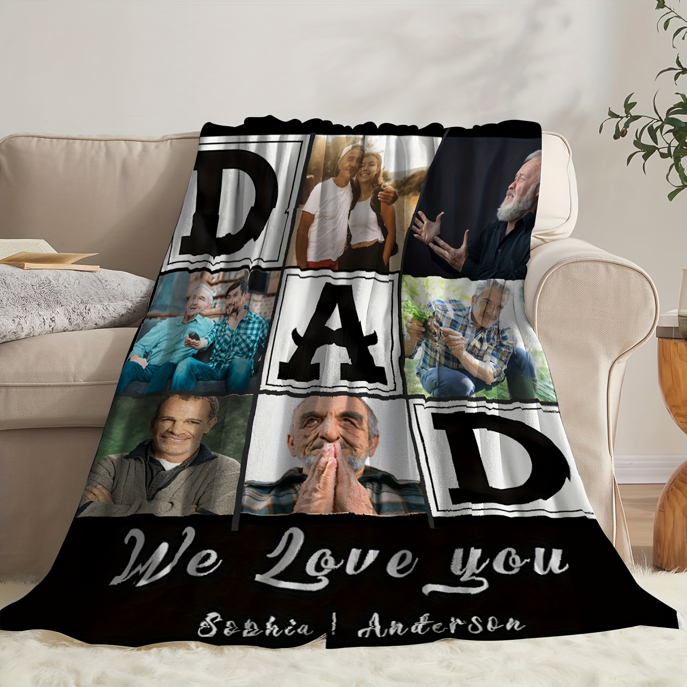 TEMU 1pc Personalized Dad Photo Blanket - Custom Father's Day Birthday Gift From Wife, Daughter, Son - Soft Flannel Checkered Grid Design With 4