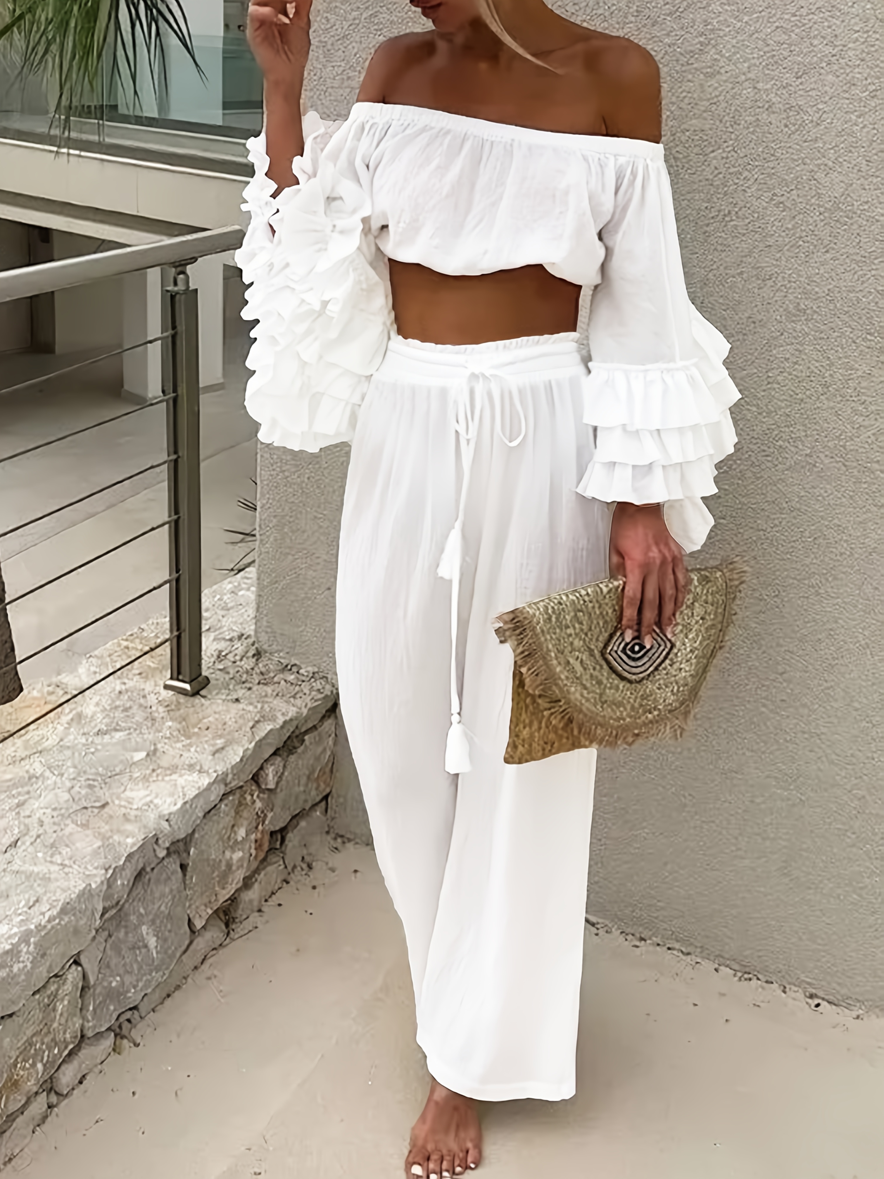 womens shoulder ruffle crop top high waisted wide leg pants Temu