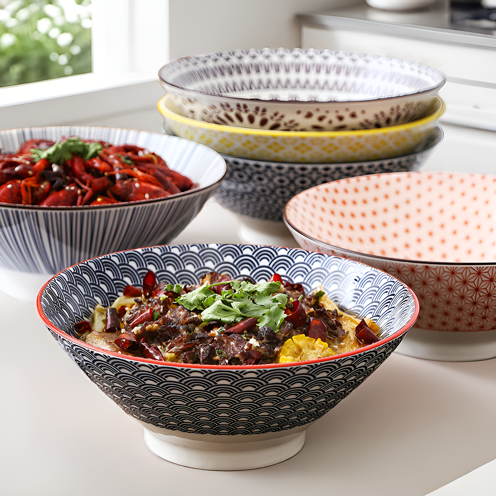 Japanisches Ramen-Schalen-Set – Keramik Mit Bambus-Zubehör (Deckel, Löffel, Stäbchen, Untersetzer) – Mikrowellengeeignet, 16,8 Cm