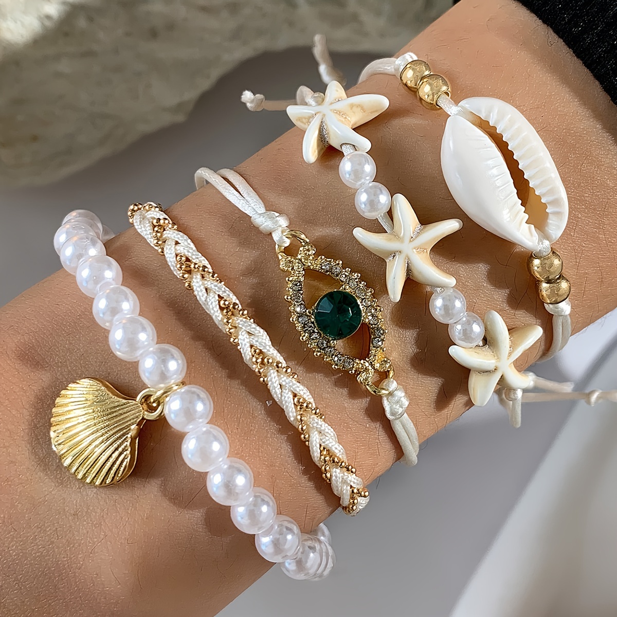 TEMU 5pcs Luxurious And Elegant Scallop Evil Eye Star Pendant Bracelet Set, Stackable Beaded Woven Jewelry Set, Suitable For Women's Parties And
