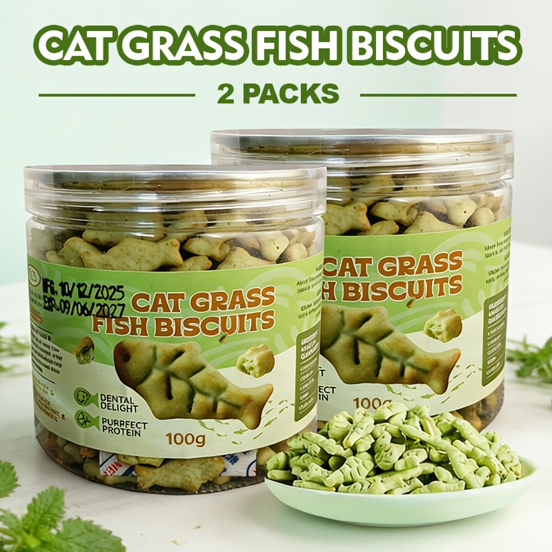 TEMU Ccs Cat Grass & Fish Oil Biscuits For Cats, 2 Packs, Crispy Cat Treats, Support Natural Hair Passage, Dental Chews For Gum & Teeth Care, Snacks