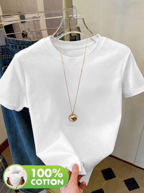 , exquisites -shirt, rundhals kurzarm t-shirt, täglicher pendel- , leichtes business, einfaches zupacken, damenbekleidung, minimalistischer schrank, freizeitkleidung, klassisches t-shirt, ästhetik, bequeme passform, t-shirt, schrank-essential