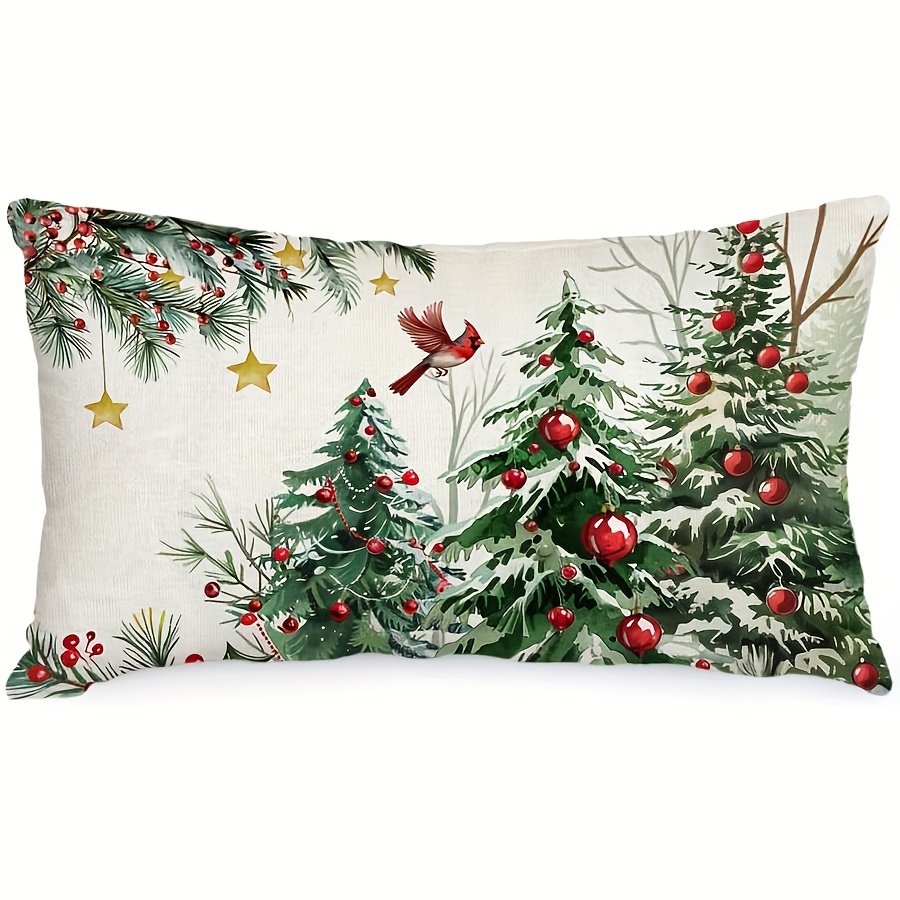 

Farmhouse Christmas Pillow Cover 12x20 Inch - Red Baubles, Tree & With Stars - , Zip Closure - Sofa & Couch Decor Decorative Pillows