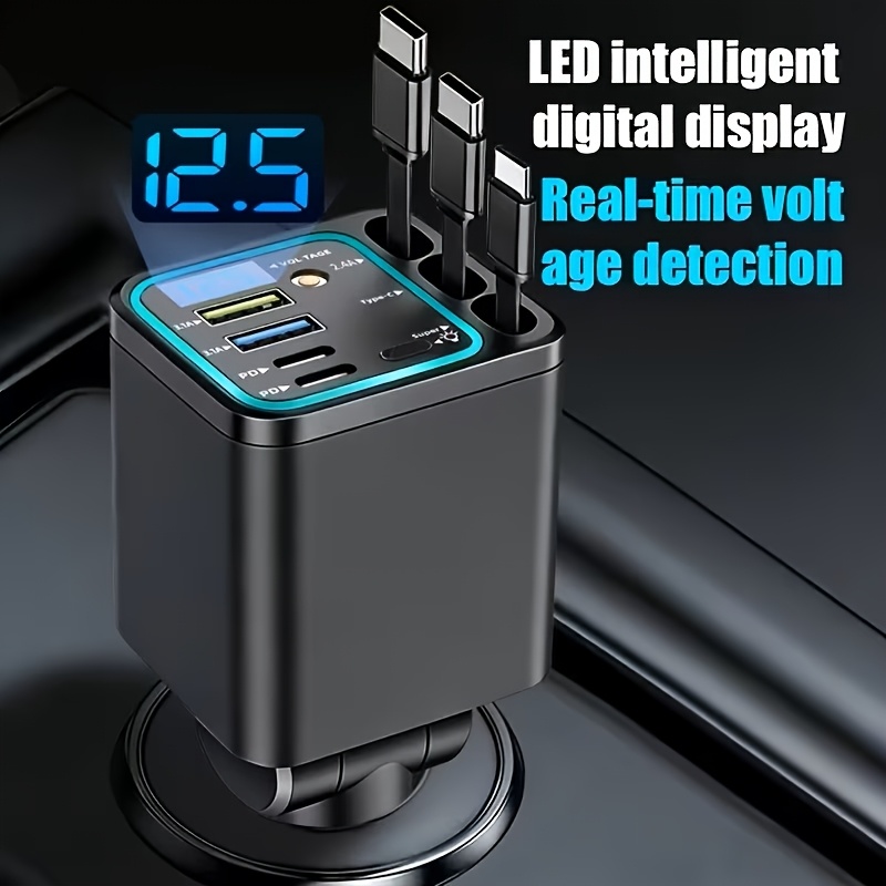 TEMU Chargeur Rapide de Voiture 7-en-1 | d'Éclairage Colorés Améliorés, Équipé de 3 Câbles Rétractables, Compatible avec les Ports de Charge Rapide,