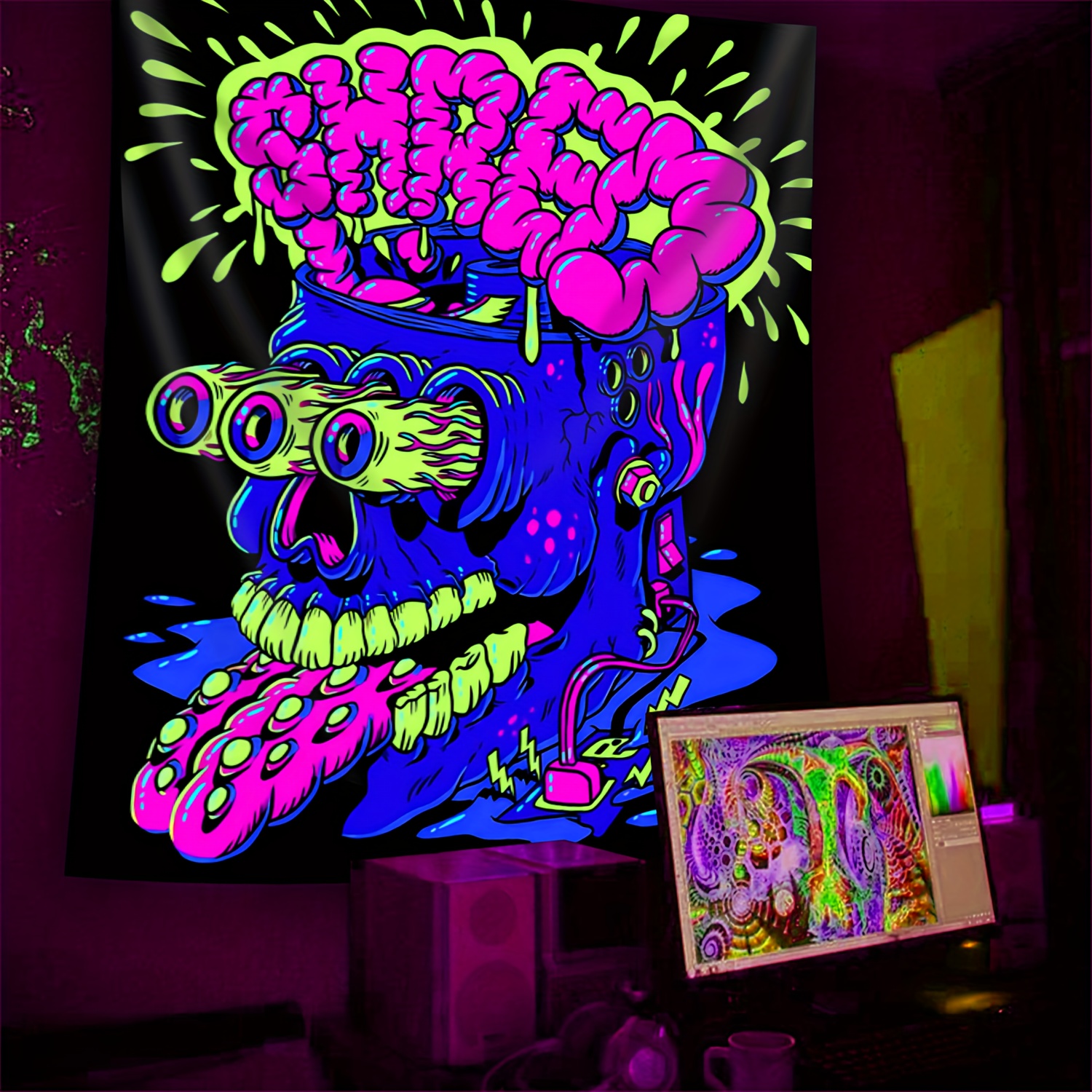 

Large Fluorescent Tapestry With Unique Character Design - Uv Reactive, No-install Wall Hanging For Bedroom, Living Room, Dorm Decor - Soft Peach