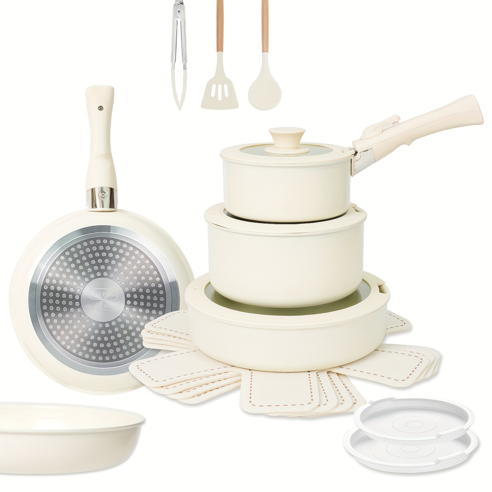 

19 Pcs Pots And Pans Set, Nonstick Kitchen Cookware Set With Detachable Handle, Induction Cookware, Dishwasher Oven Safe, Beige
