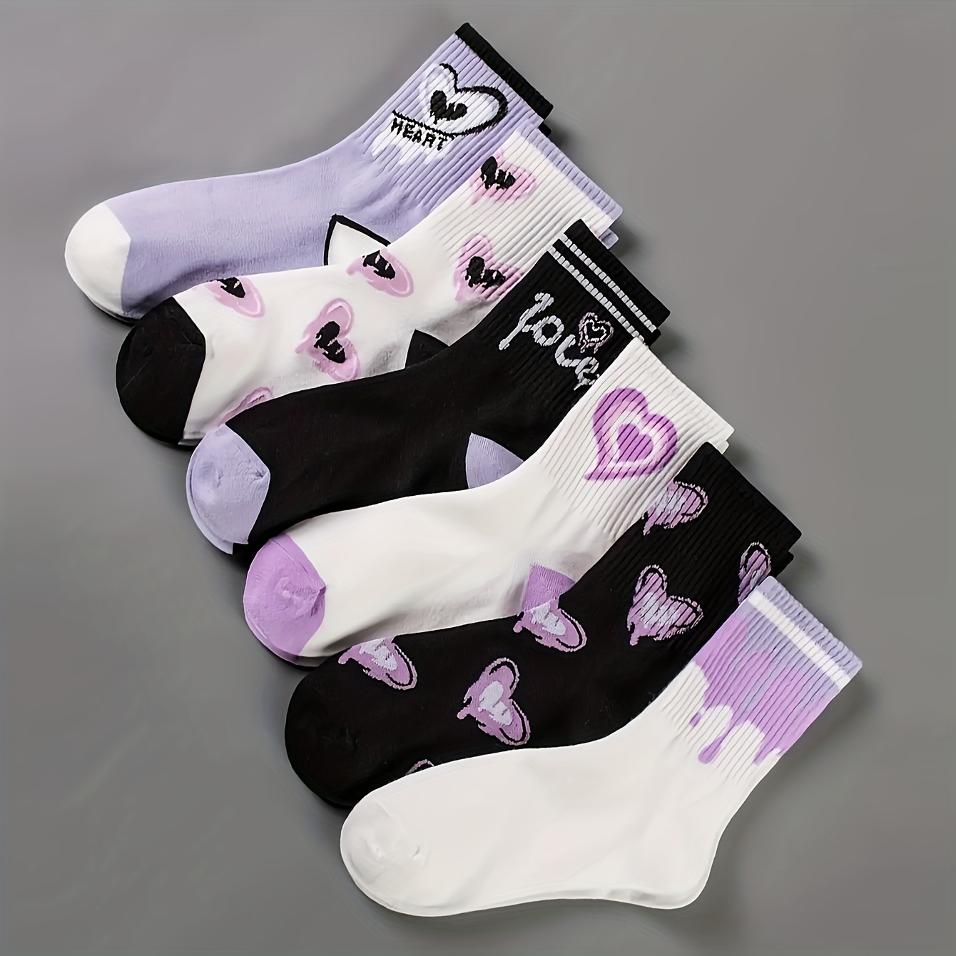 Image of 6 Pairs Of Teenage Purple Heart Socks Spring And -value Trendy Ins American Versatile Mid-tube Socks, For Teenager, For Teenager
