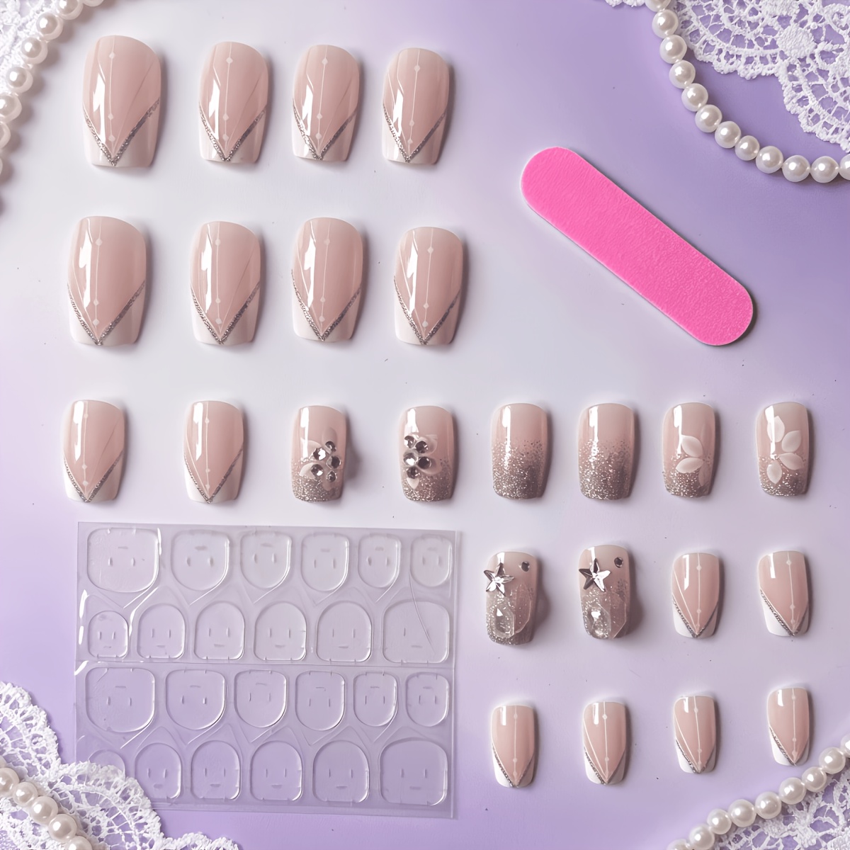 TEMU Ongles fausses réutilisables 24 pièces à motif rayé méthodique mi-long, strass 3D, accessoires de manucure portables, outils de manucure inclus,