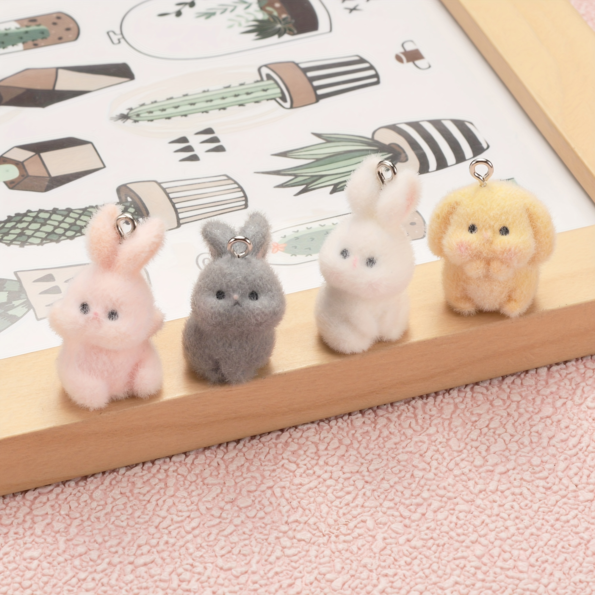 Image of 4pcs Cute Flocked Bunny Resin Pendants For Diy Necklaces, Earrings, Bracelets, Perfect Handmade Craft Accessories