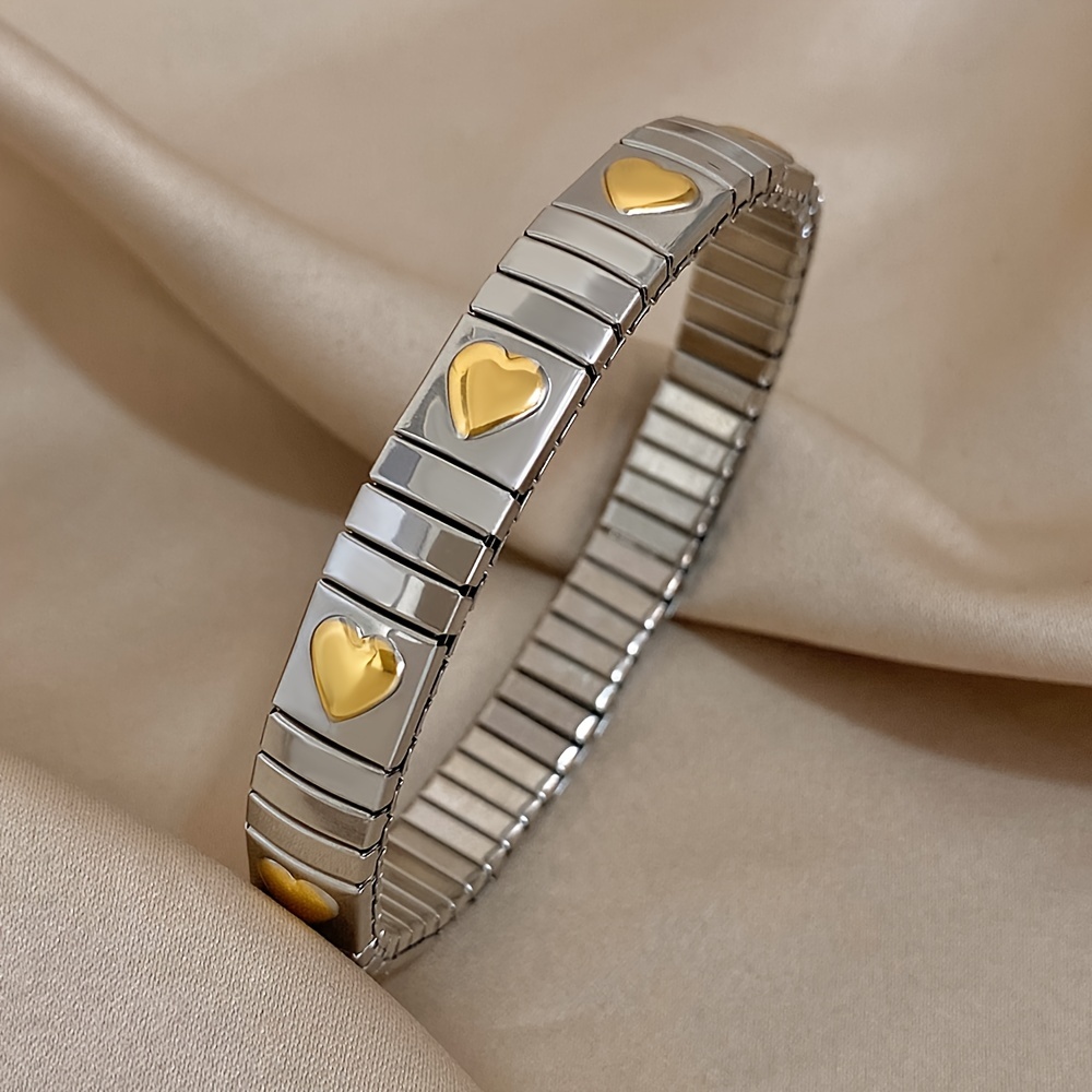 TEMU Fashion Stainless Steel Bangle Bracelet, Elastic Gold-plated With Patterns, Unisex Jewelry Accessory