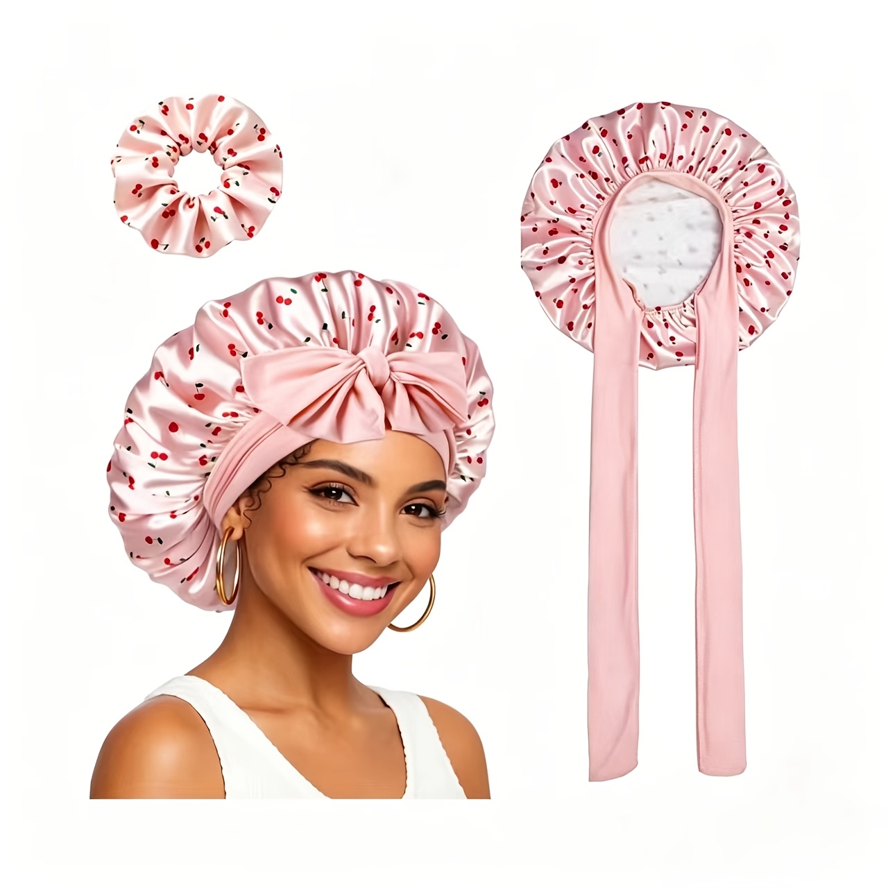 TEMU 2pcs Women's Satin Bonnet With Tie, Beige/pink Cherry , Perfect For Casual Loungewear, Bedroom, Sleeping & Hair Care, Made In China