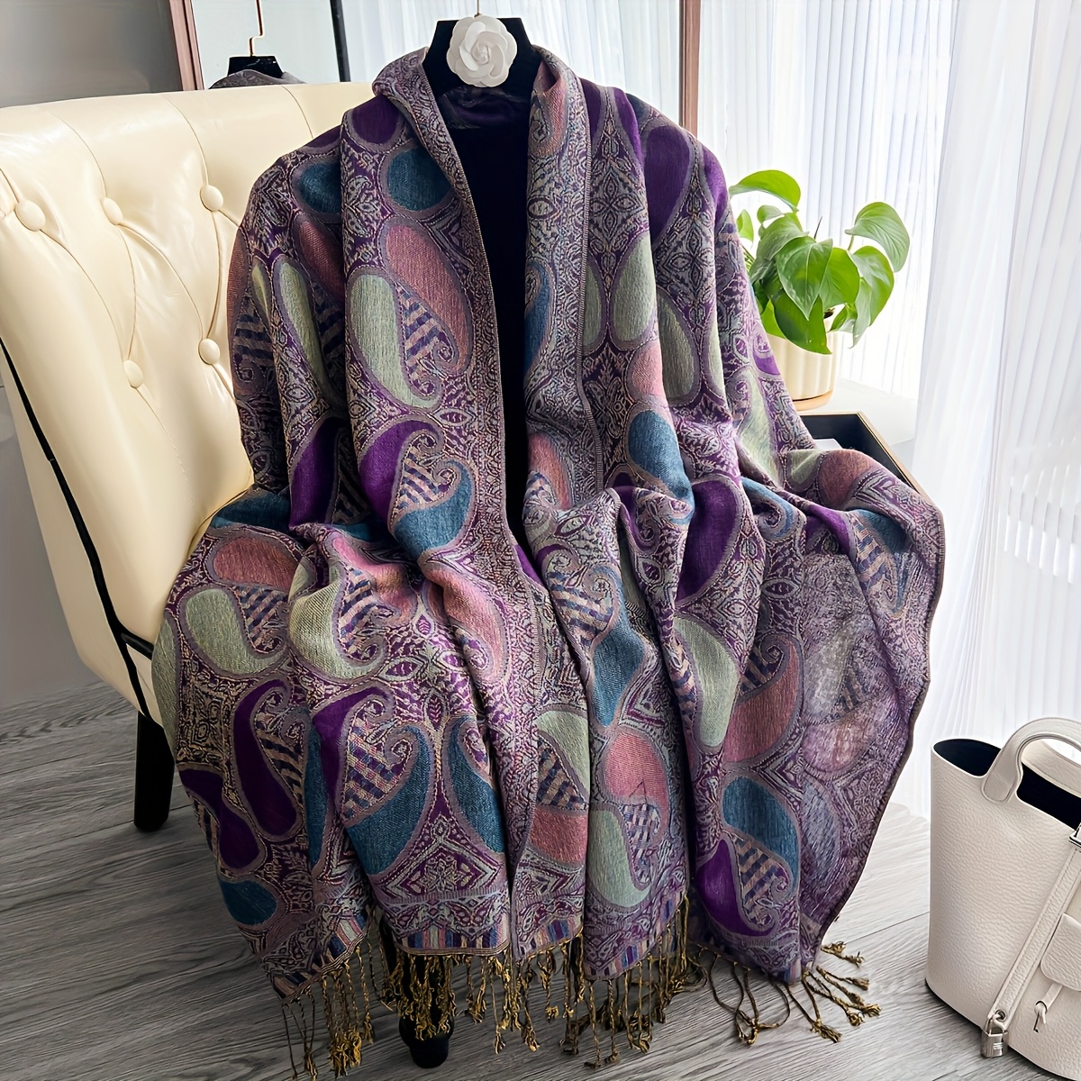 TEMU 1pc New Autumn Winter Large Nut Jacquard Fringe Scarf, Women's Warm Scarf, Fringe Style, Suitable For Daily Life, Evening Wear, Travel, Office,