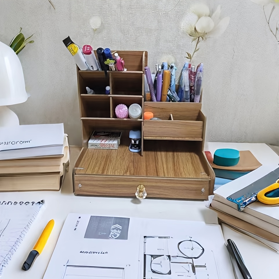 TEMU Large Capacity Walnut-colored Wood Desk With Drawer & Grid Storage - Multifunctional Pen Holder, Marker Suitable For School, Office, - Storage