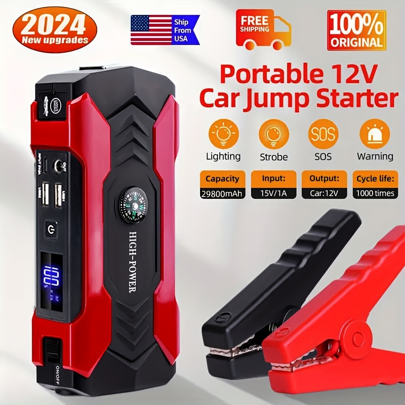 TEMU Car Jump Starter, 7000a Car Battery Charger, Jump Battery Pack (up To 10l Gas Or 8.5l ) With Portable Charger, Emergency Led Light, Escape Safty Hammer, Compass