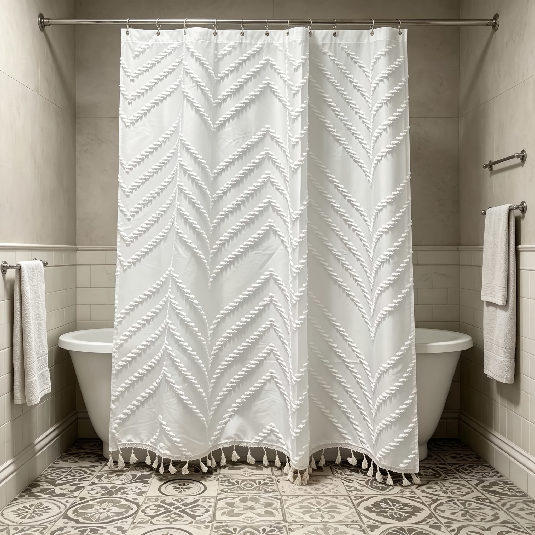 TEMU 1pc 70x70in Bohemian Style 3d Cutout Tassel Shower Curtain, Bathroom Curtain, Home Decor Curtain, Shower Curtain And Hooks