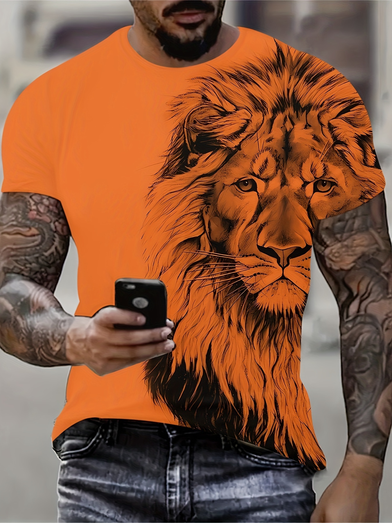 mens trendy 3d lion pattern short sleeve crew neck t shirt for summer red orange 0