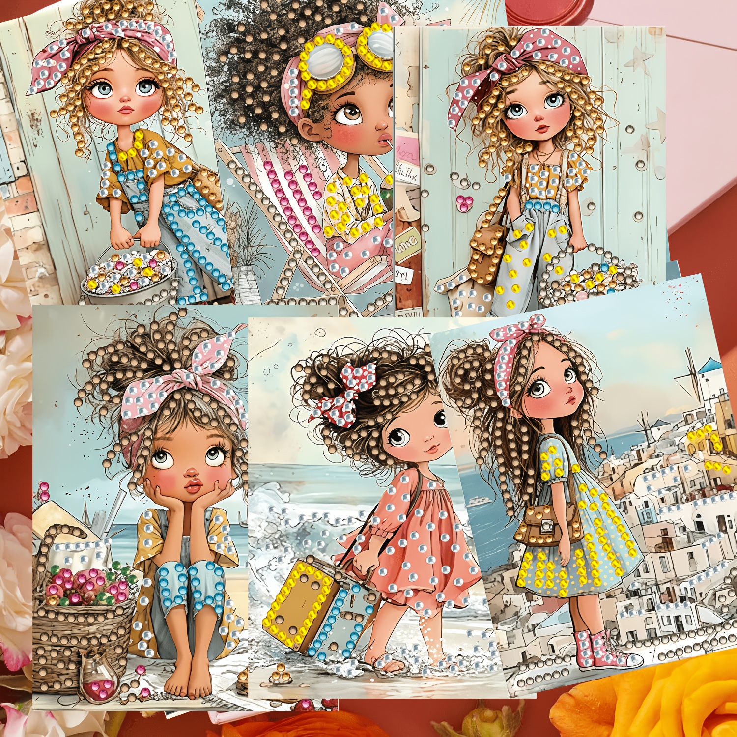 TEMU Kit de cartes de vœux de peinture diamant "Fille à rouleau rétro 2D, plat, 6 pièces", comprenant 6 cartes postales et 6 enveloppes, des en