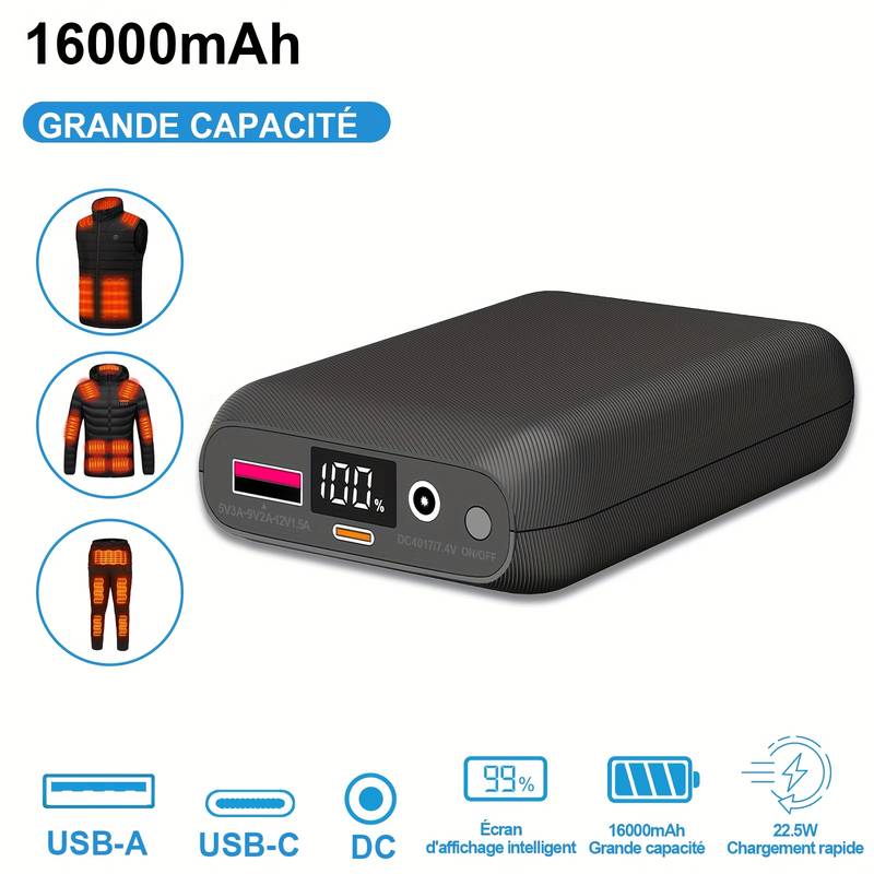 Batterie Externe 20000 MAh Pour Gilet Chauffant, 7,4V/5V, écran LED, Ports USB/Type-C/DC, Jusqu'à 9h De Chaleur