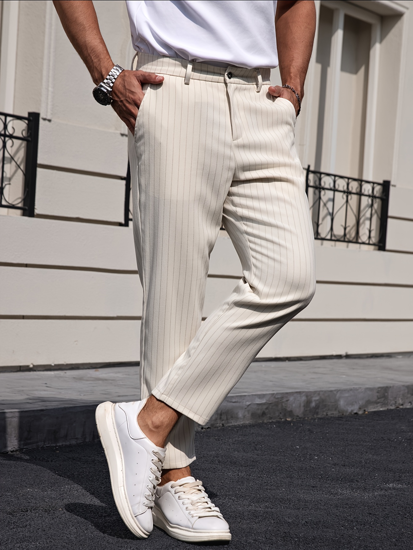 *'* Business Casual *-Fit Pants Striped Regular Cut Nine-* Length,  Machine Washable Trousers with Button Detail for Office Casual Attire, 