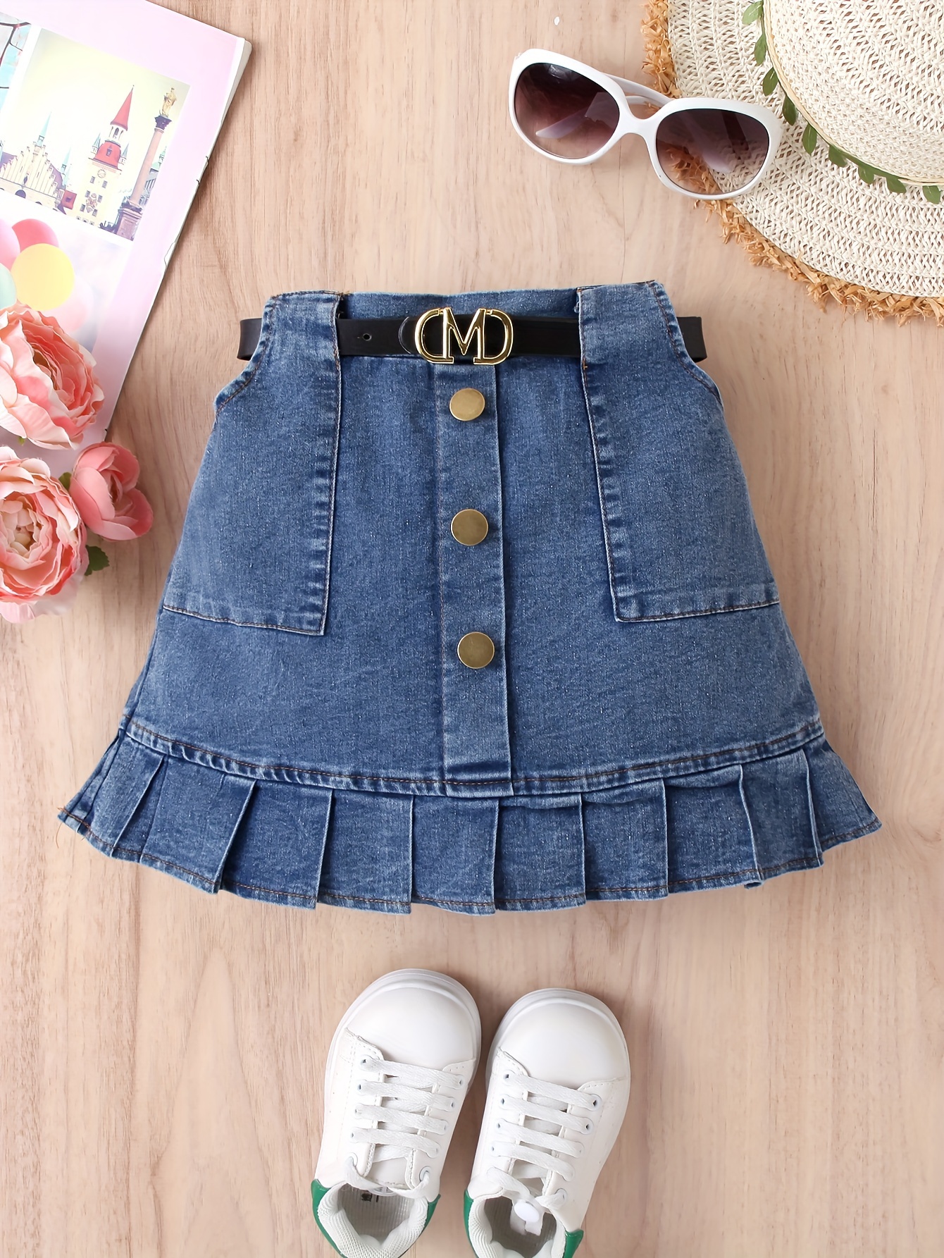 Pleated denim skirt knee length hotsell