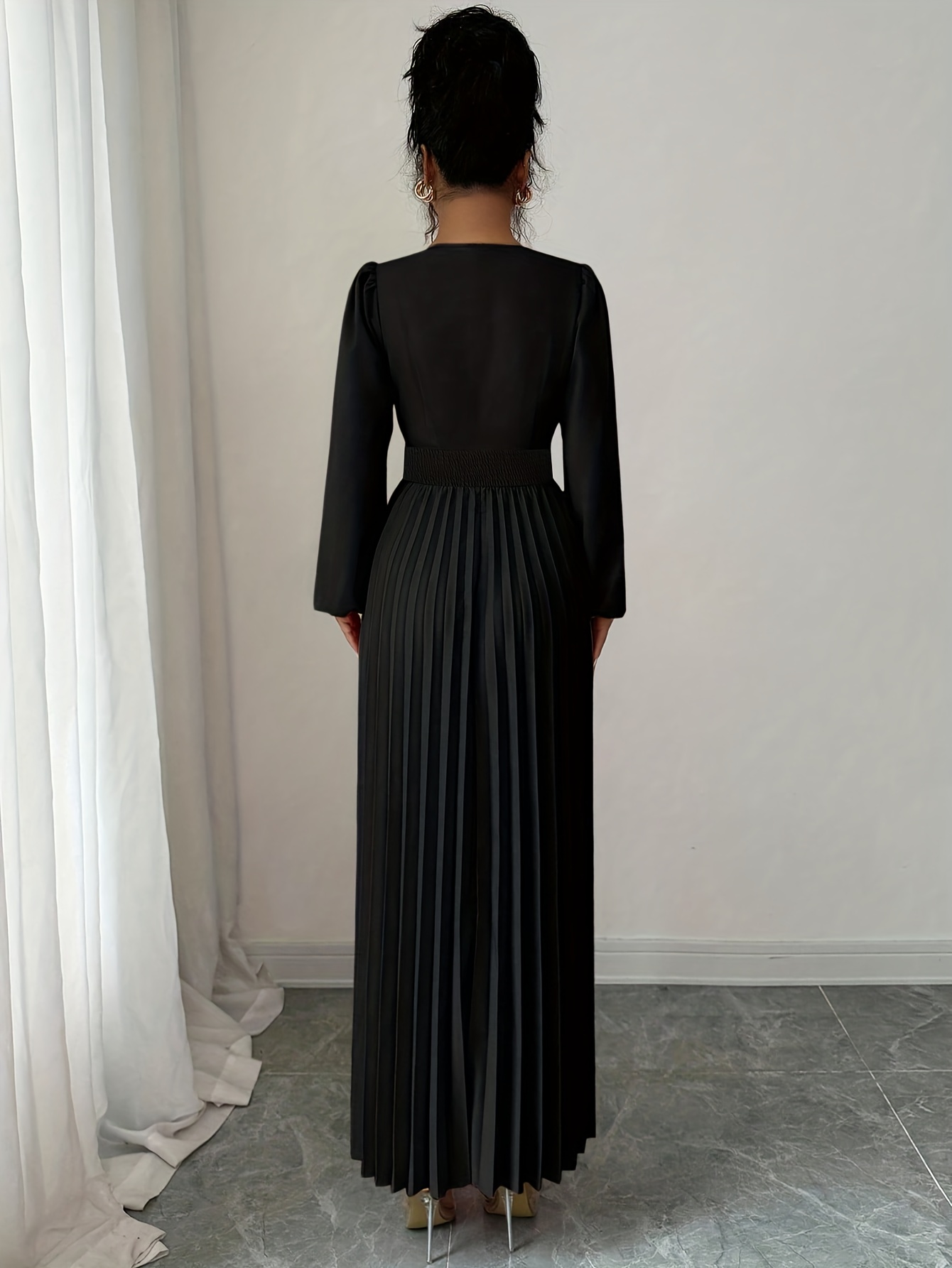 v neck metallic embellished long sleeve solid pleated dress - Temu Mauritius