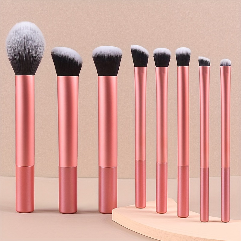 

8-piece Oval Brush Makeup Set - Multifunctional Tools With Nylon For Types, Unscented Abs Plastic Handle Brushes Including Powder, Blush, Eyebrow, Flame & Eyeshadow Brushes