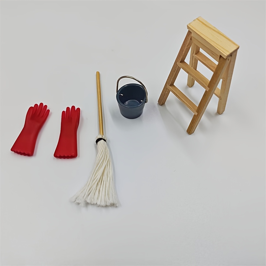 Image of 5pcs Set: 1 Pair Of Gloves + Mop + Bucket + Folding Ladder, Dollhouse Decor, Miniature Kitchen And Bathroom Scene Props, Miniature Home Scene Diy, A Collectible Gift For Hobbyists And Enthusiasts