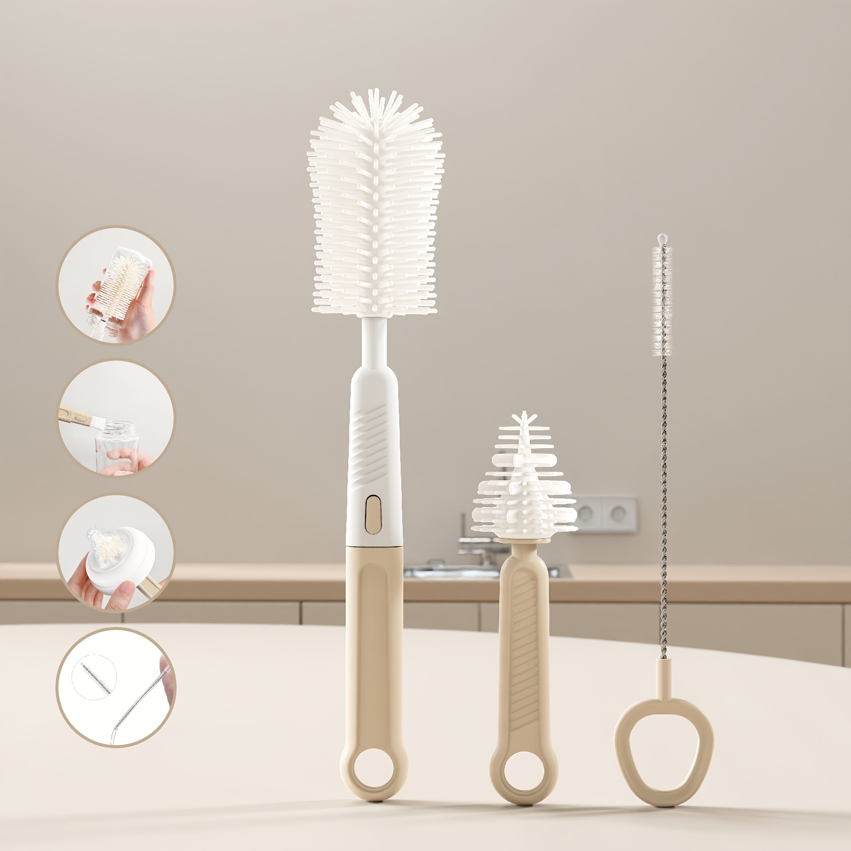 Ensemble de brosses pour bouteilles en silicone, comprenant une poignée, pour nettoyer les mamelles, les paille et les gobelets.