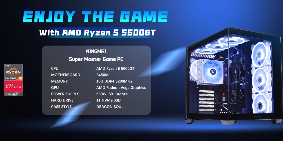 Game PC Desktop with AMD R5 5600GT 3.6Hz CPU, 1TB NVME SSD, 16GB DDR4 RAM, AMD Radeon Vega 7 GPU, 7RGB Fan, 550W PSU, Home Gaming & Office PC