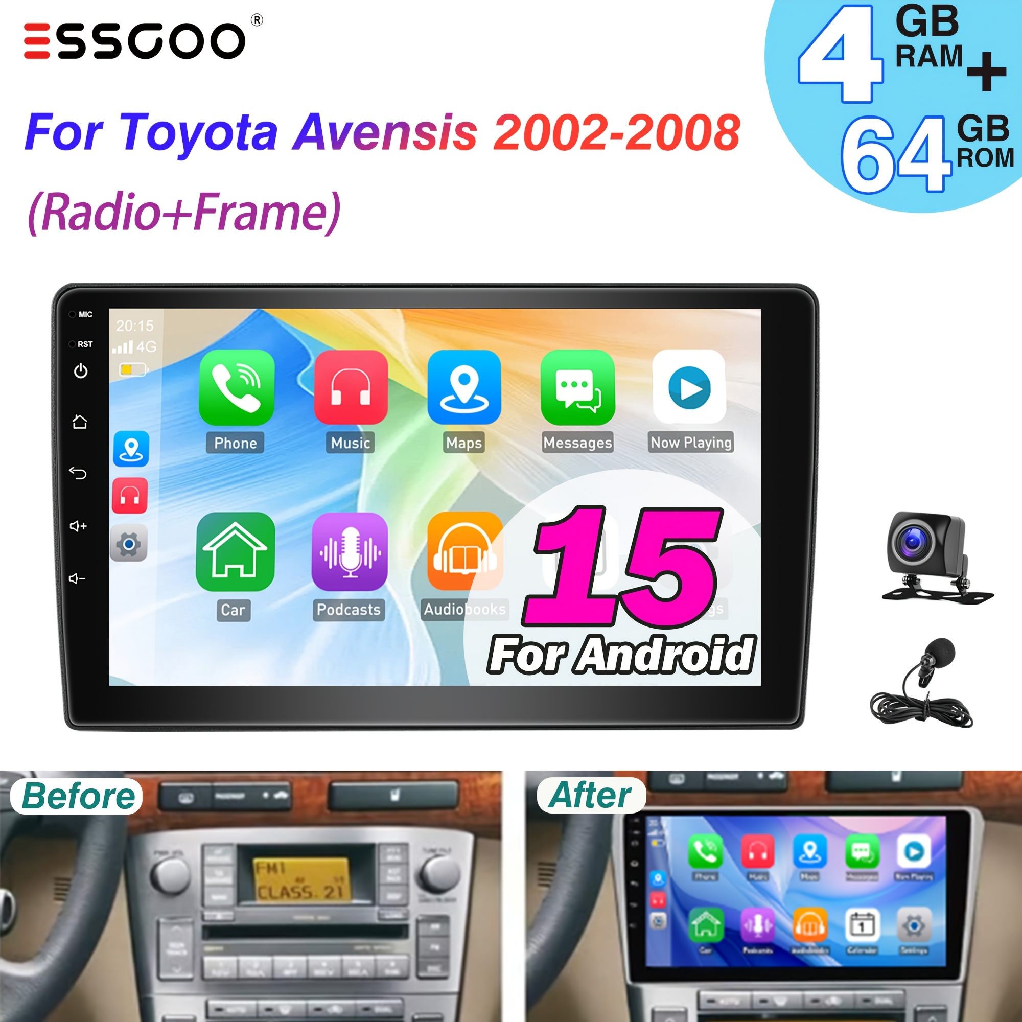 Essgoo 9-inch 15 Car Stereo For 2002-2008 | Frame Included | Wireless Carplayer & Auto | 4+64gb, Hd Touchscreen, Gps Navigation, , Aux, Am/fm Radio, Ahd Camera, Microphone