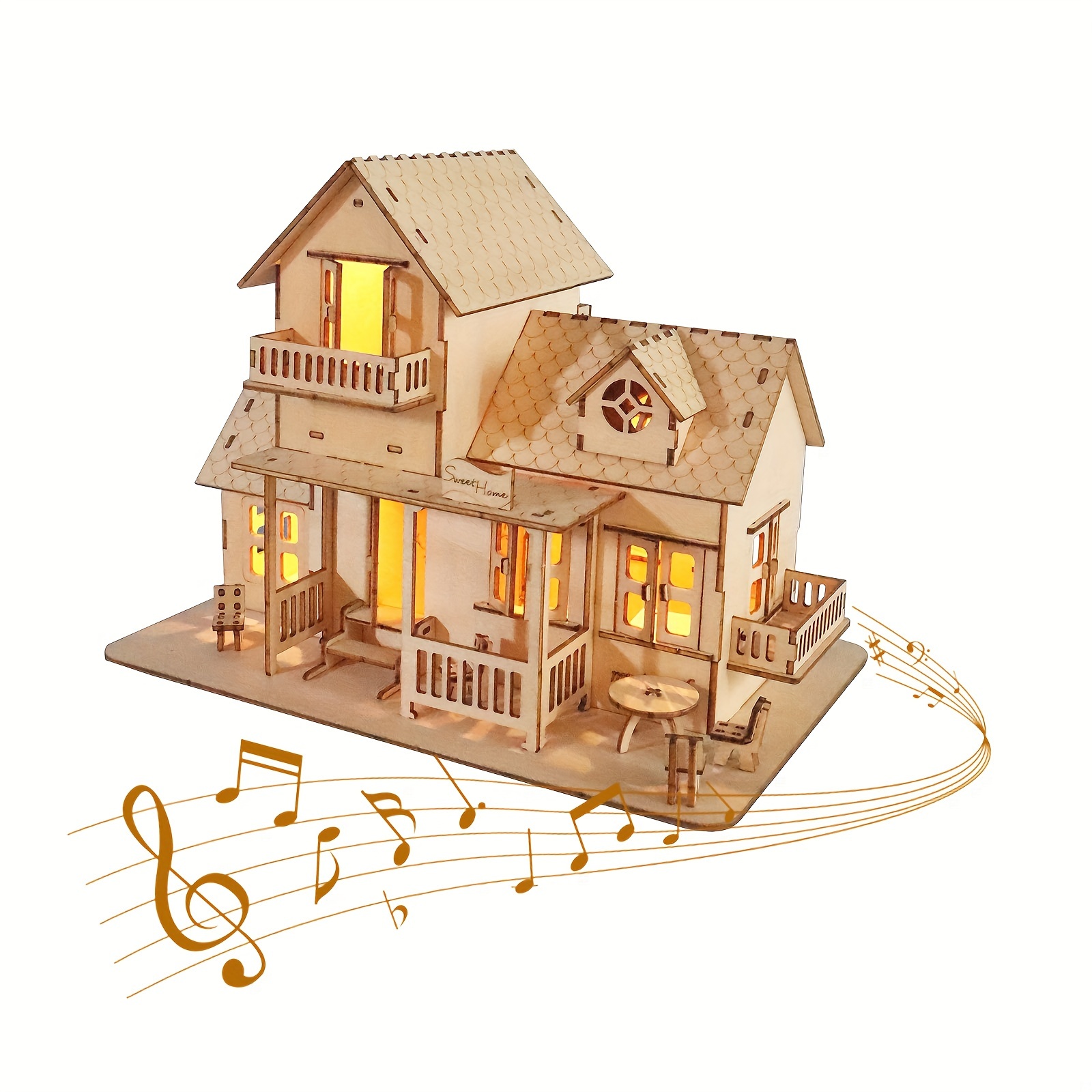 TEMU 3d Wooden Puzzle Music Box Miniature Dollhouse Kits 3d Model Diy House Building Gifts For Christmas