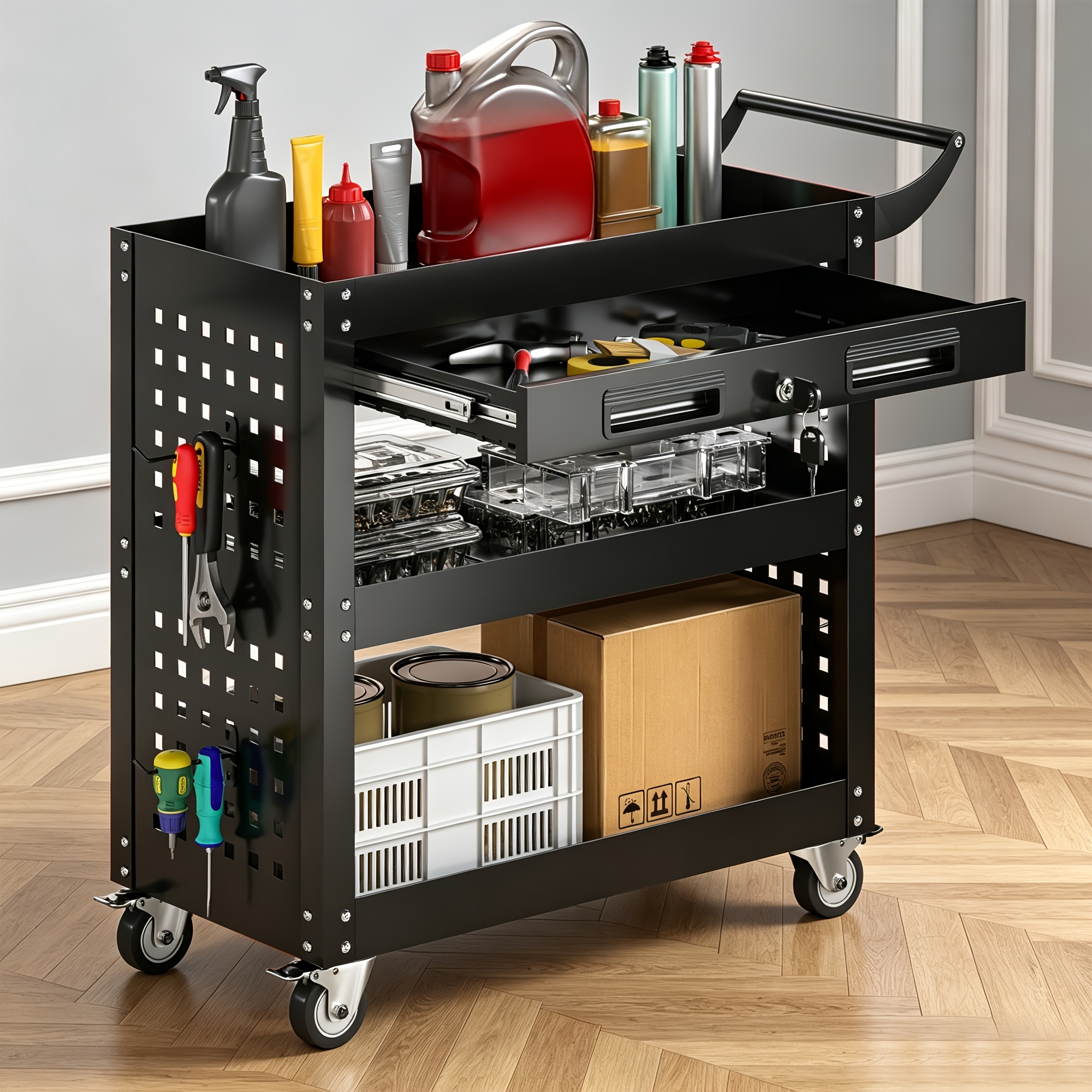 Movable Tool Cart, Metal Workbench, 78x35x70 Cm, With Lockable Drawer, 4 Hooks, Suitable For Garage, Workshop, Patio, Requires Assembly, Utility Shelves