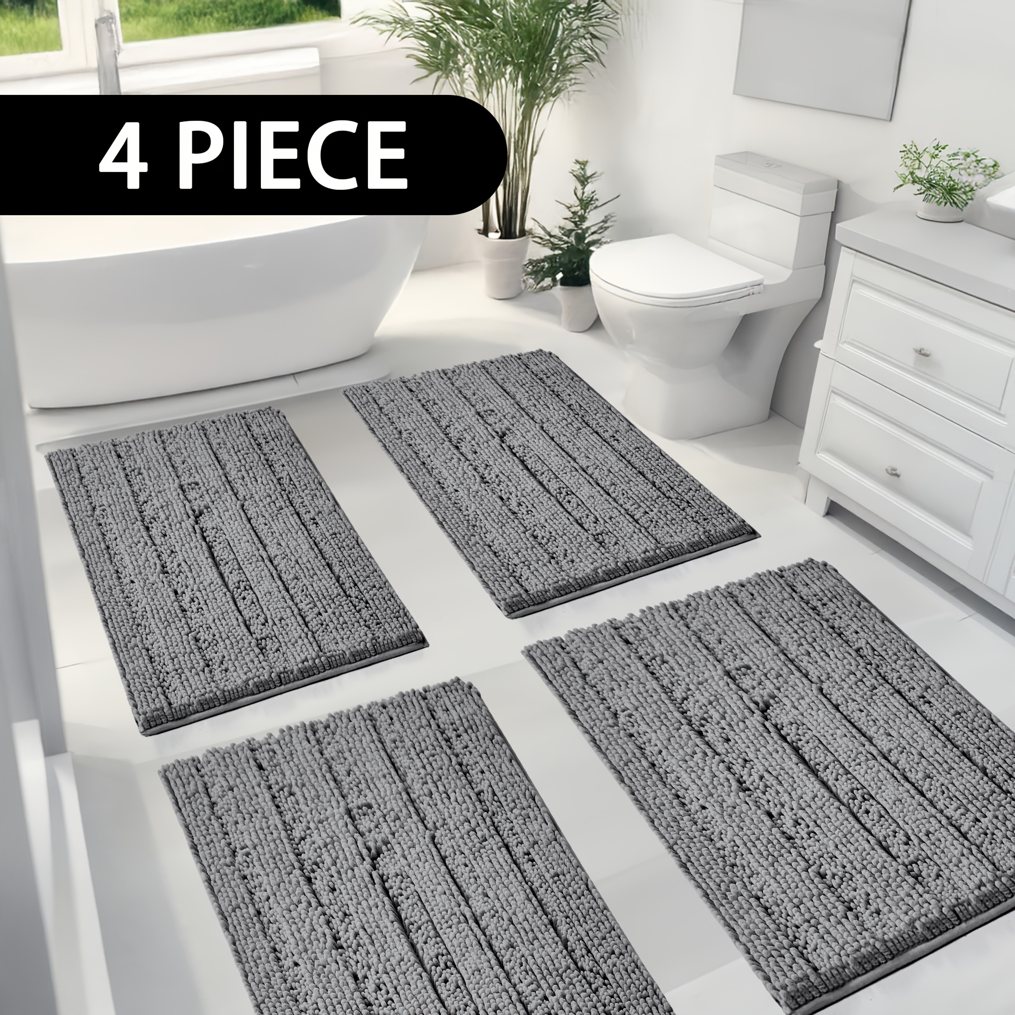 4pcs Striped Bathroom Mat, Extra Soft Plush Bathroom Rug, Bathroom Rugs Non-Slip Washable, Super Absorbent &amp; Thick Indoor Door Mat Bath Carpet, Premium Bath Rugs