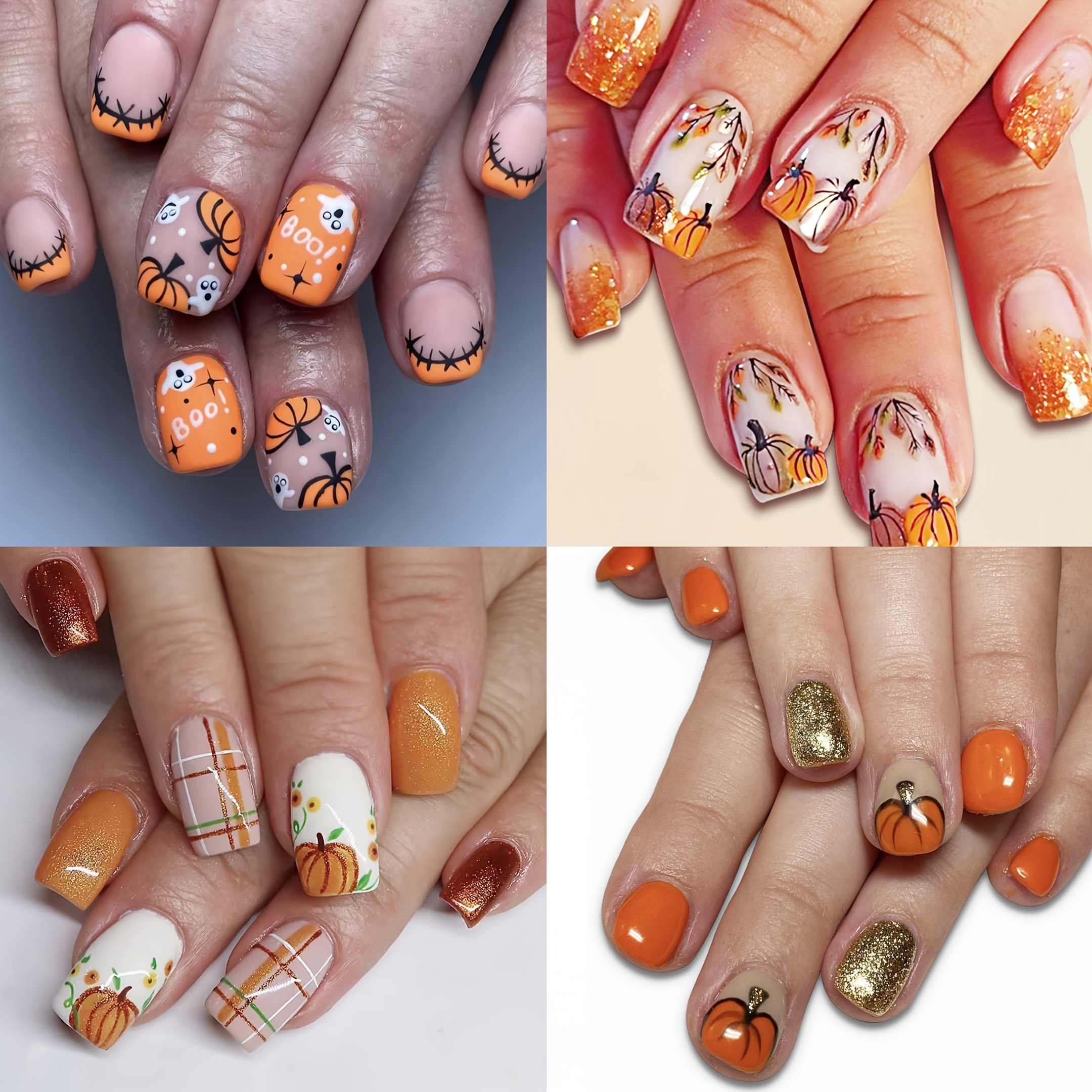 96 Square Pressed Fake Nails, Cute Bandage Design With Pumpkin Maple Leaf Orange Glossy Nails, Suitable For Halloween Parties And Ladies' For Halloween Nail Decoration
