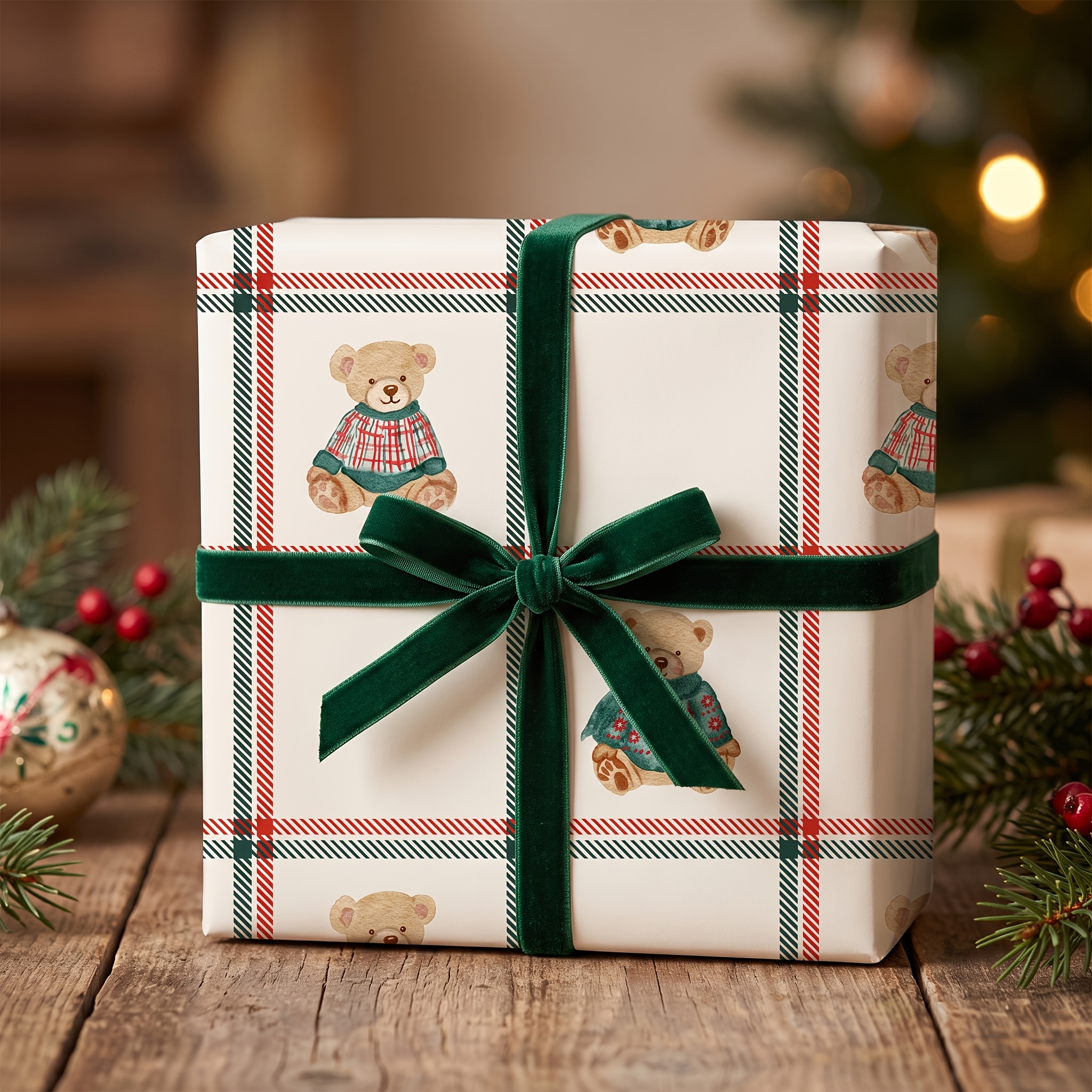 TEMU 1 Rol Inpakpapier Rol voor Jongens Meisjes - 6 stuks Witte Teddybeer, Rood Groen Ruitpatroon, Tartan Design Cadeaupapier voor Kerst