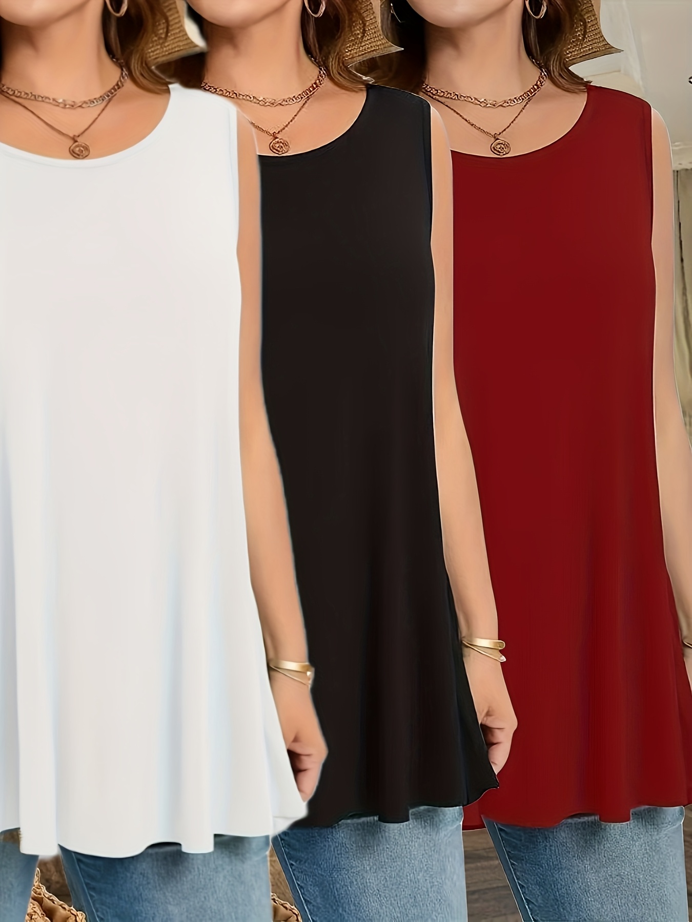 plus size 3pcs set womens plus size loose fit round neck vest soft and comfortable fabric