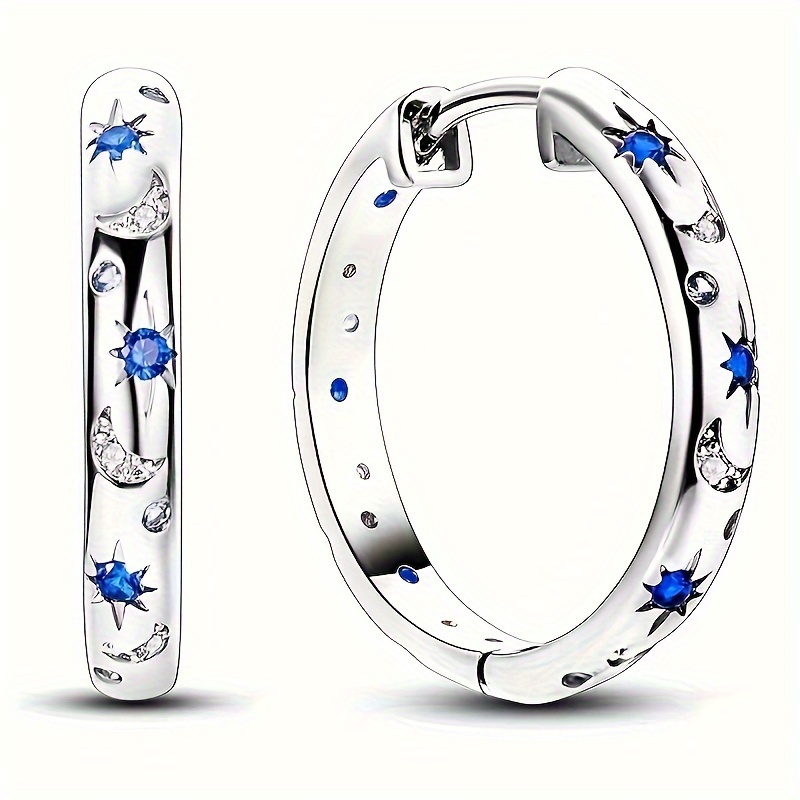 Image of 1 Pair Of Women's Fashion Hoop Earrings, Elegant Star And Moon Pattern With Blue Synthetic Synthetic Zirconia, High- Earrings For Parties And Casual Wear