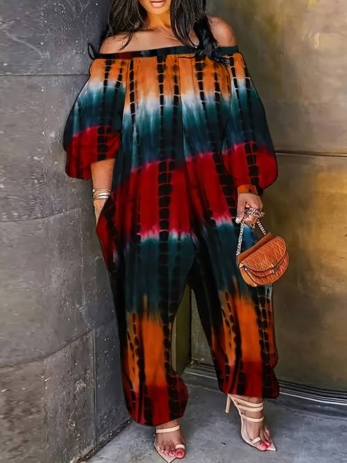 chic off shoulder multi color striped jumpsuit for women vibrant red orange black gradient design wide leg pants polyester fabric machine washable fall winter ladies jumpsuit
