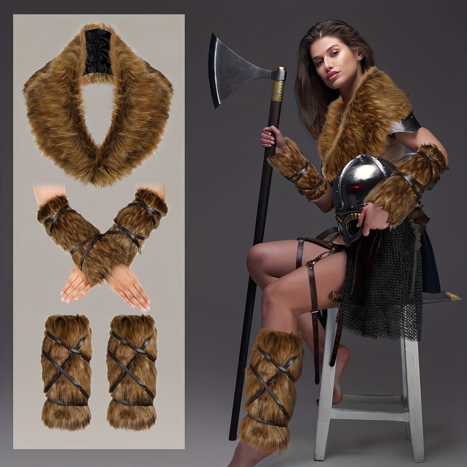 

5pcs Carnival Deluxe Fur Accessories Set - Collar, Leg & Hand Warmers, Halloween Costume,