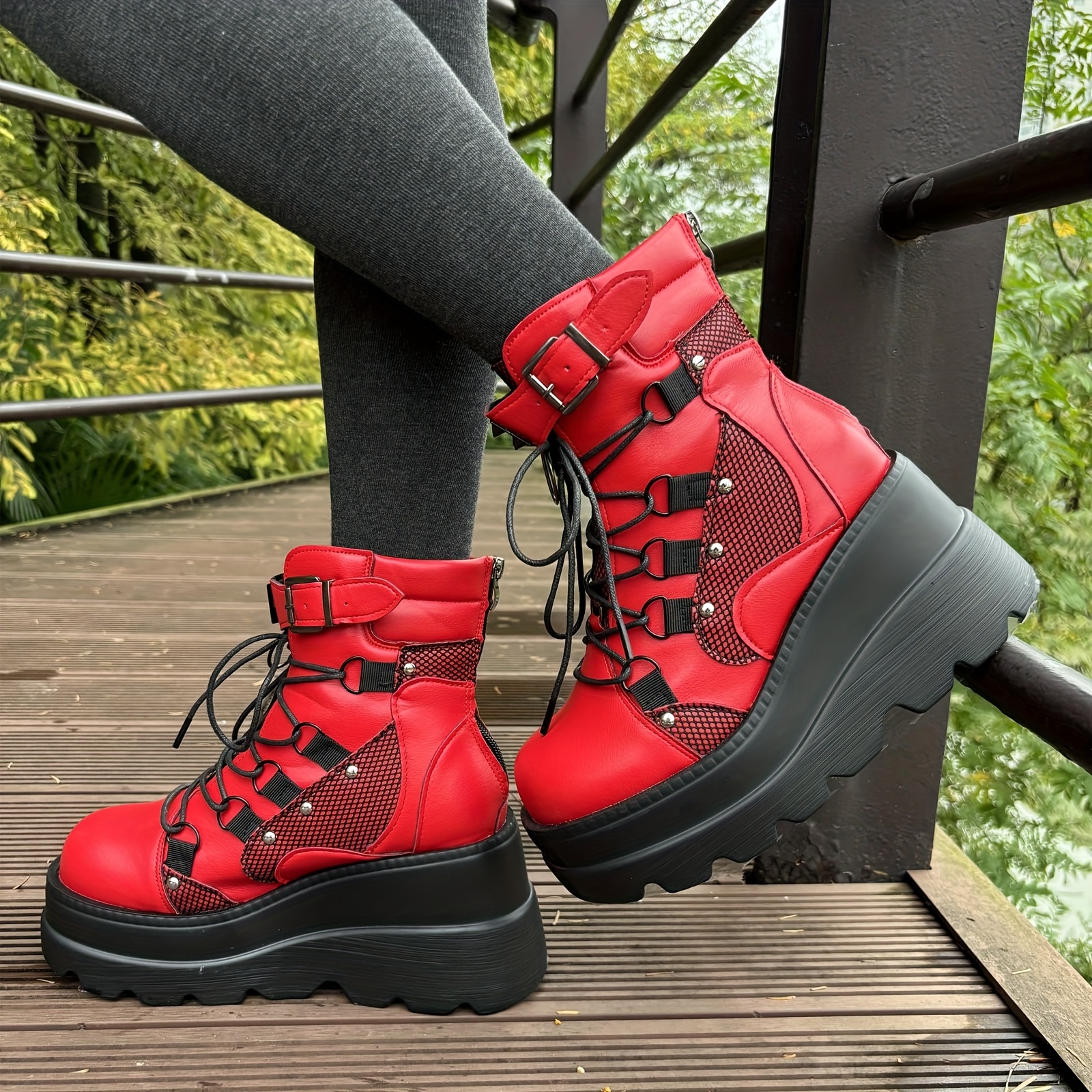 Demonia Boots Red Platform Booties Women'S Platfom Ankle Boots