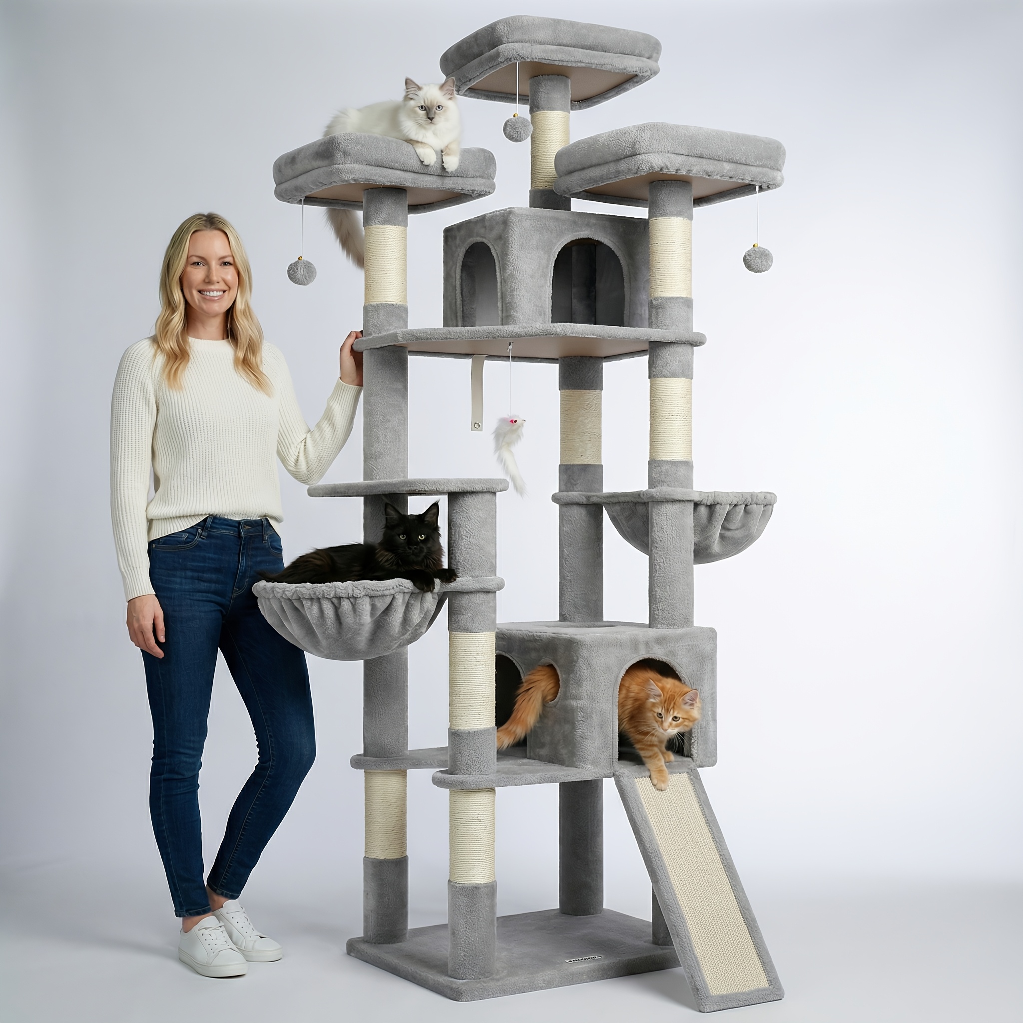 Image of Globlazer Big Cat Tower For Indoor Cats, 83inch Cat Tower For Multiple Adult Cats Xxl Cat Tree With 8 Scratching Post, Scratching Board, 3 Perches, 2 Condos, 2 Hanging Basket, F83d