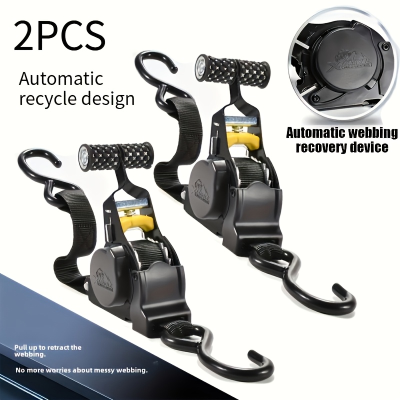 TEMU 2pcs Heavy Duty Aluminum Cargo Tie Down Strap, High Tensile Strength, Auto Retracting, Ideal For Motorcycles And Cars, Essential For Travel