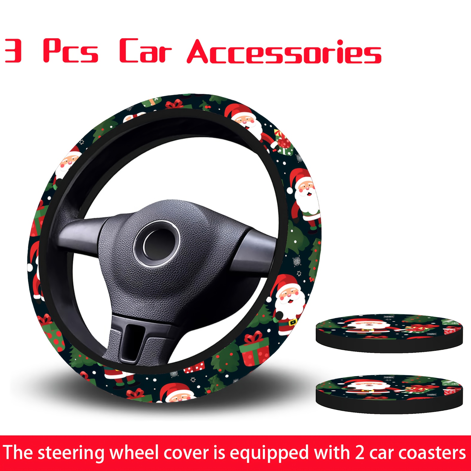 TEMU 3pcs Santa Claus Christmas Holiday Theme Printed Steering Wheel Cover, Universal Size -15 Inch, Non-slip Grip, Comes With 2 Coasters, Auto Accessories