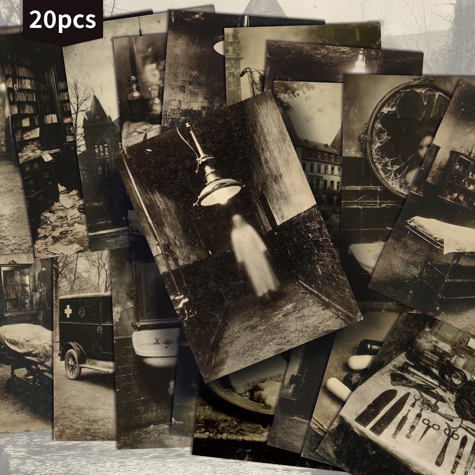 E-shop Set mit 20 Retro-Horror-Postkarten mit Designen von psychiatrischen Kliniken, Größe 4X6 Zoll. Ideal für Junk Journals. Diese Sammelkarten