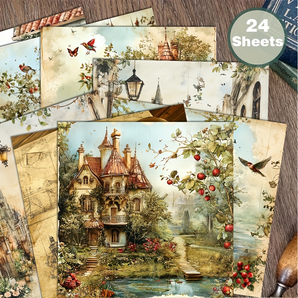 24 listov papirja za beležke 6X6 palcev z motivom gradov, z ročno risanimi vintage umetniškimi ozadji v stilu gradov, primerno za kolaže, ročno