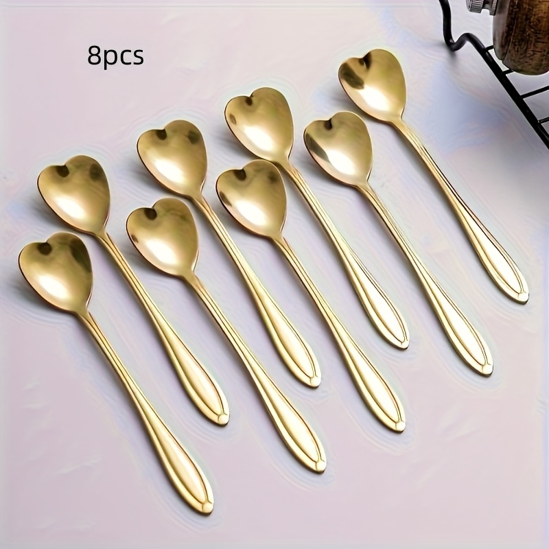 TEMU 8pcs Elegant Stainless -shaped Spoon Set - Coffee, Tea, And Stirring - Shiny Reflective Kitchen Utensils, Coffee Spoon, Coffee Accessories | Heartshaped Spoons | Durable Kitchenware