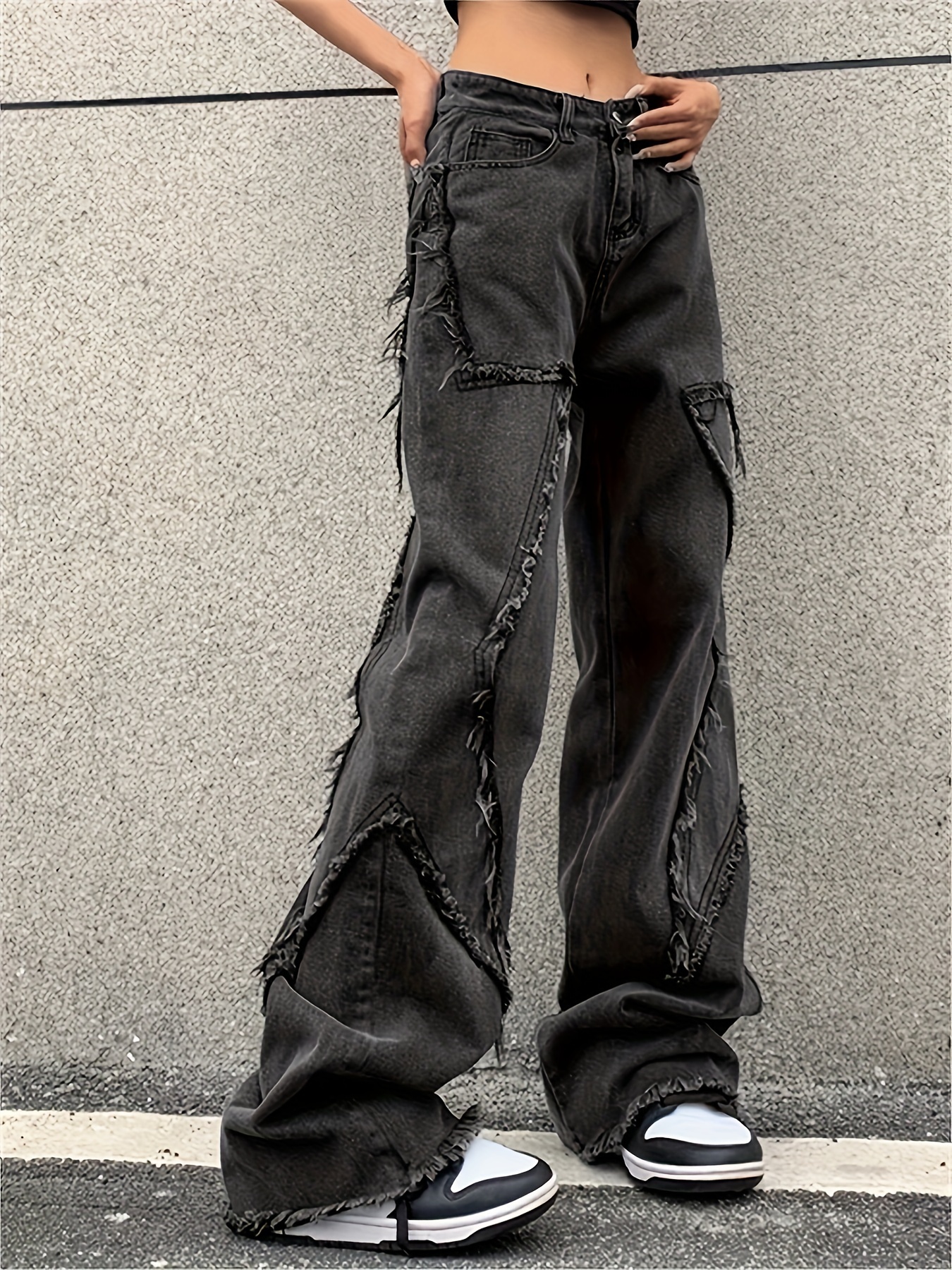 men's black frayed hem wide leg jeans 80% cotton high Temu Algeria