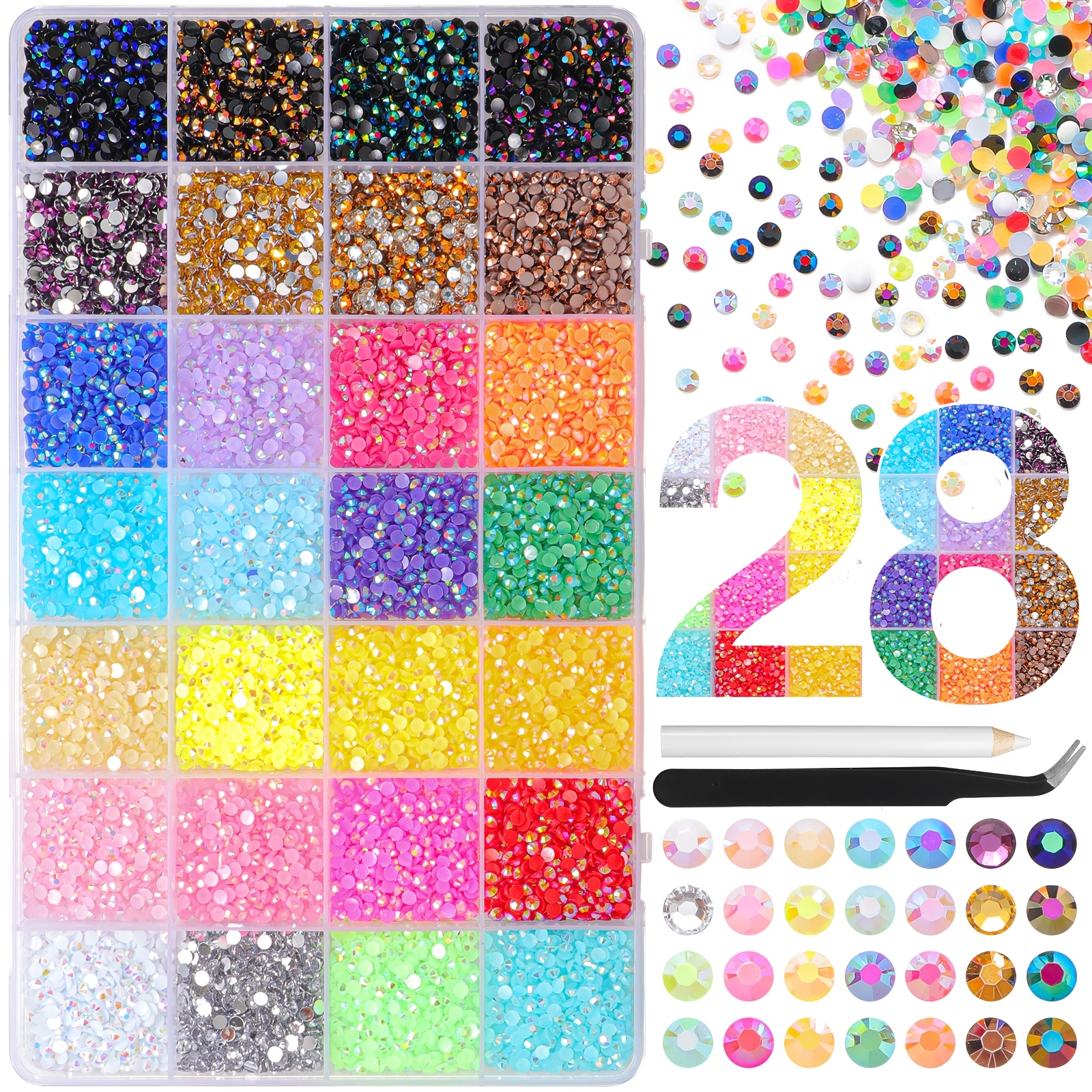 TEMU Lot de 28 strass et en résine à dos plat de 3 mm avec outil de préhension, convient pour le bricolage, les vêtements, les chaussures, du visage,