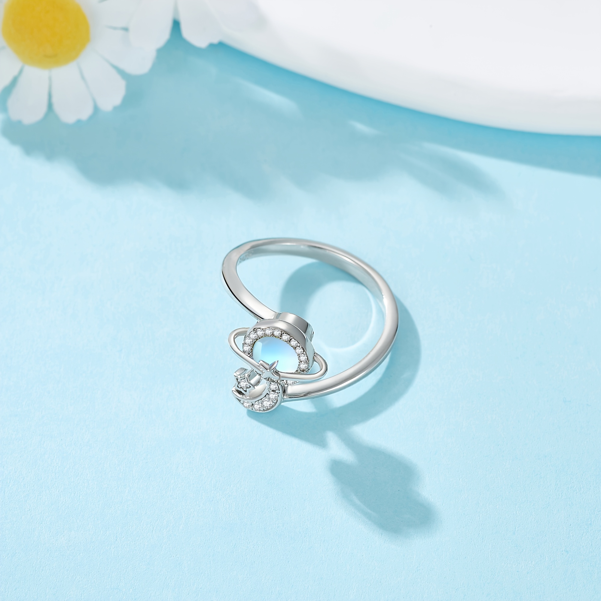 Women's Adjustable 925 Sterling Silver Star Planet Ring with Moonstone